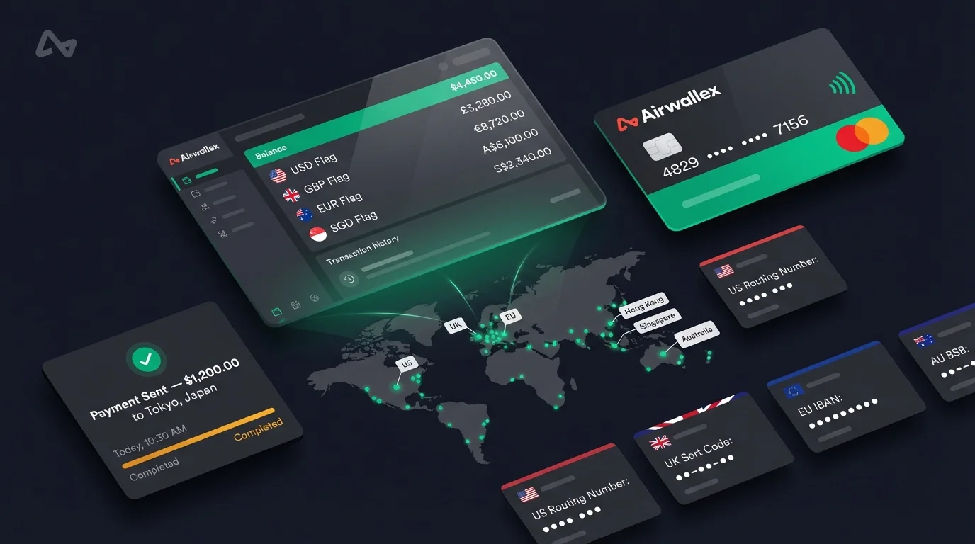 Airwallex global business banking with multi-currency dashboard, borderless card, and local account details in 60+ countries