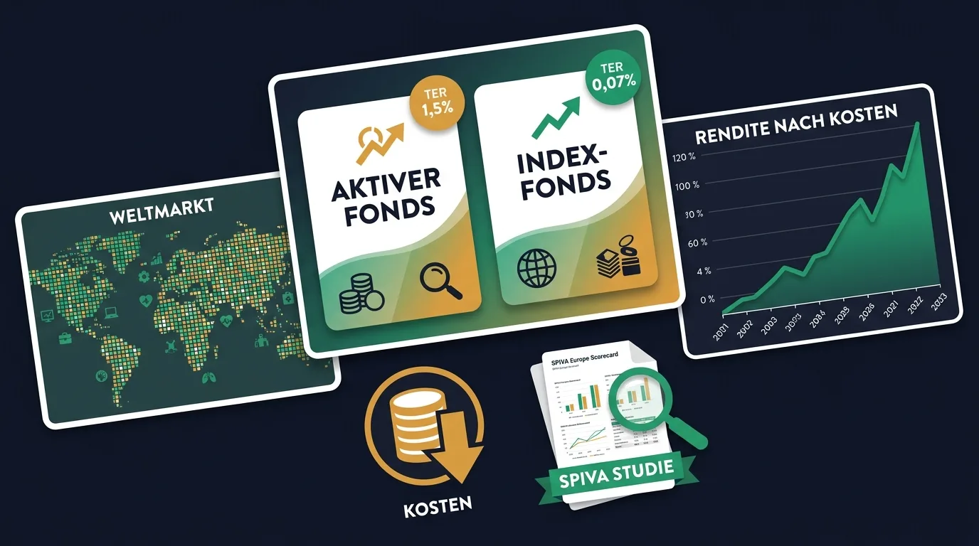 Aktive vs. passive Fonds: ein teurer aktiv gemanagter Fonds gegen einen kostengünstigen Index-Fonds, der den Markt als Ganzes abbildet