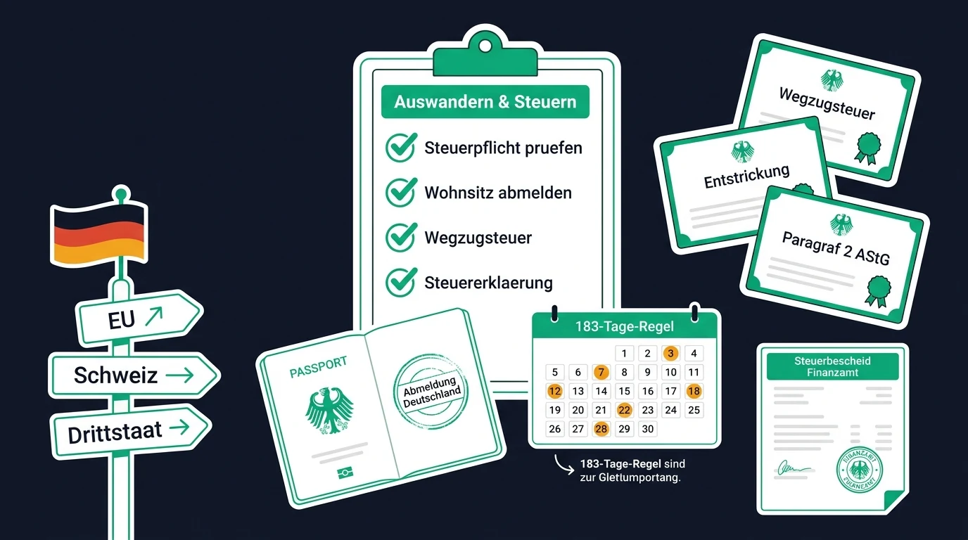 Flat-Design-Illustration: Checkliste Auswandern und Steuern mit Wegzugsteuer, Entstrickung, 183-Tage-Regel und Wegweiser zu EU, Schweiz und Drittstaat