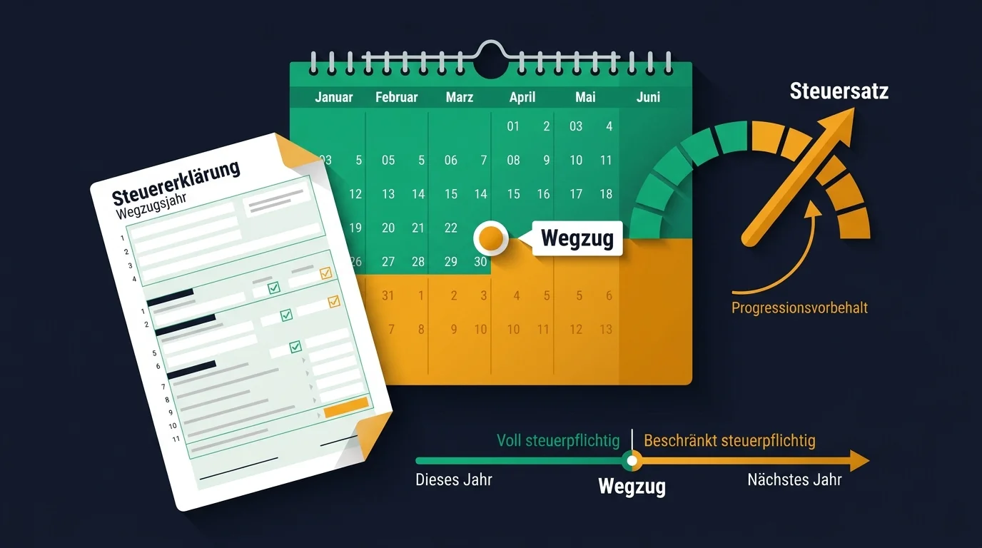 Steuer-Timing beim Auswandern: Kalender mit Wegzugsjahr, eine Steuererklärung für das Wegzugsjahr und der Progressionsvorbehalt als die entscheidenden Faktoren