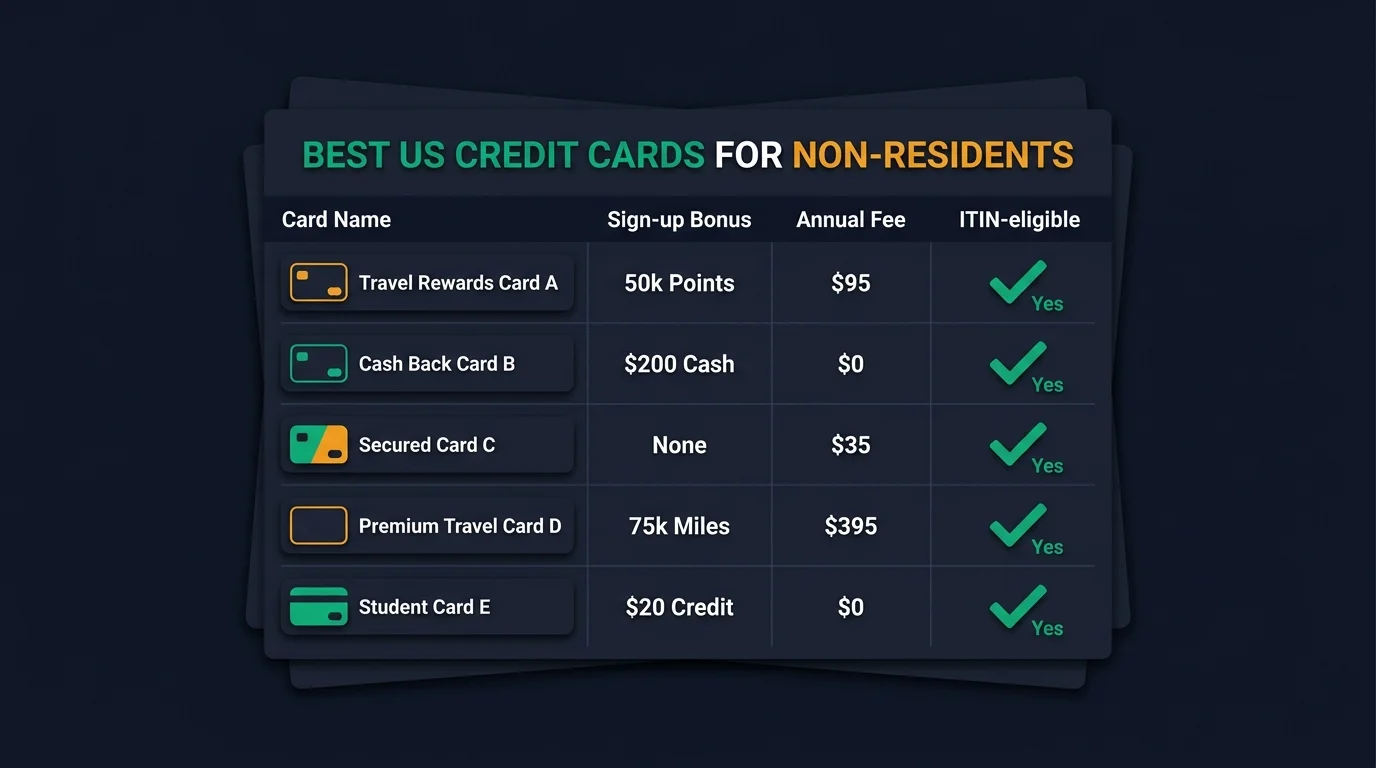 Comparison of US credit cards for non-residents: an entry card, a Global Transfer card, and a premium card side by side