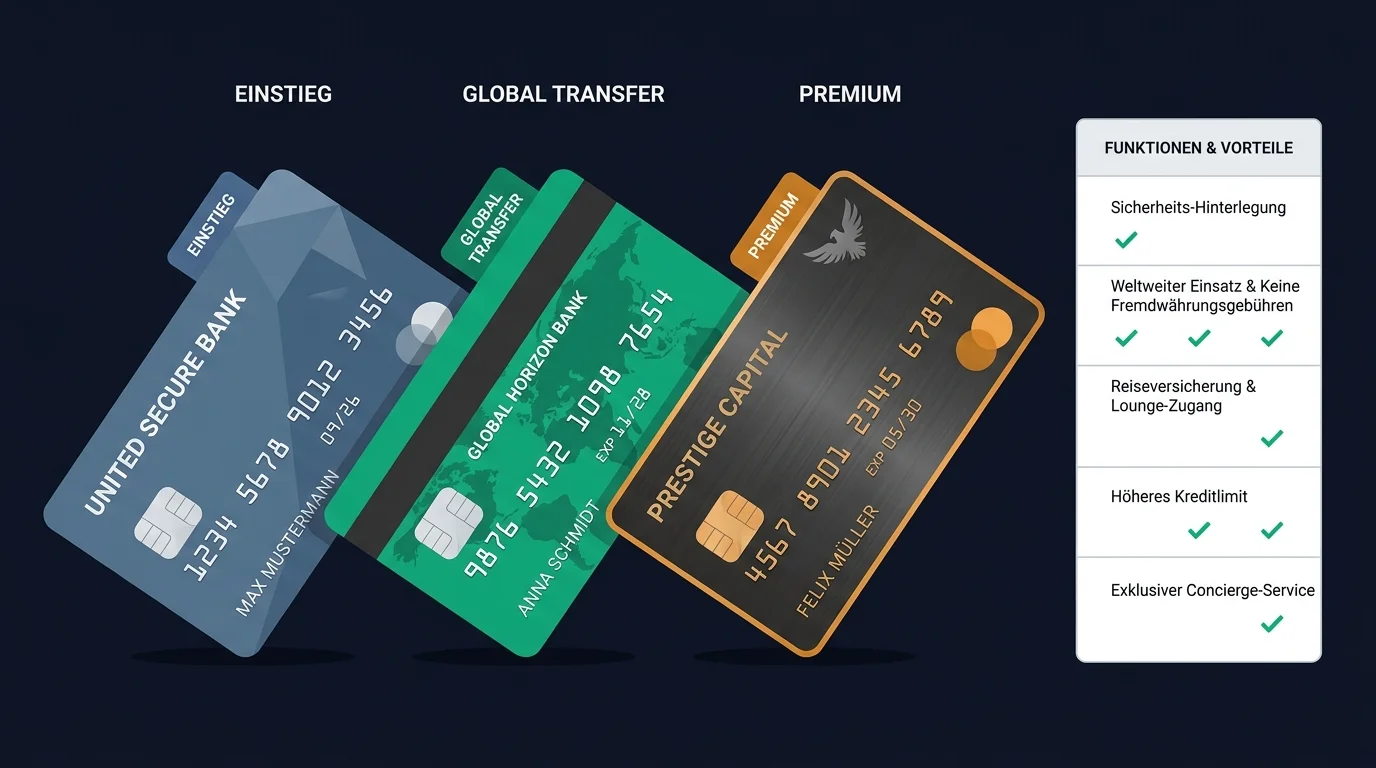 Vergleich von US-Kreditkarten für Nicht-Residents: Einstiegskarte, Global-Transfer-Karte und Premium-Karte nebeneinander