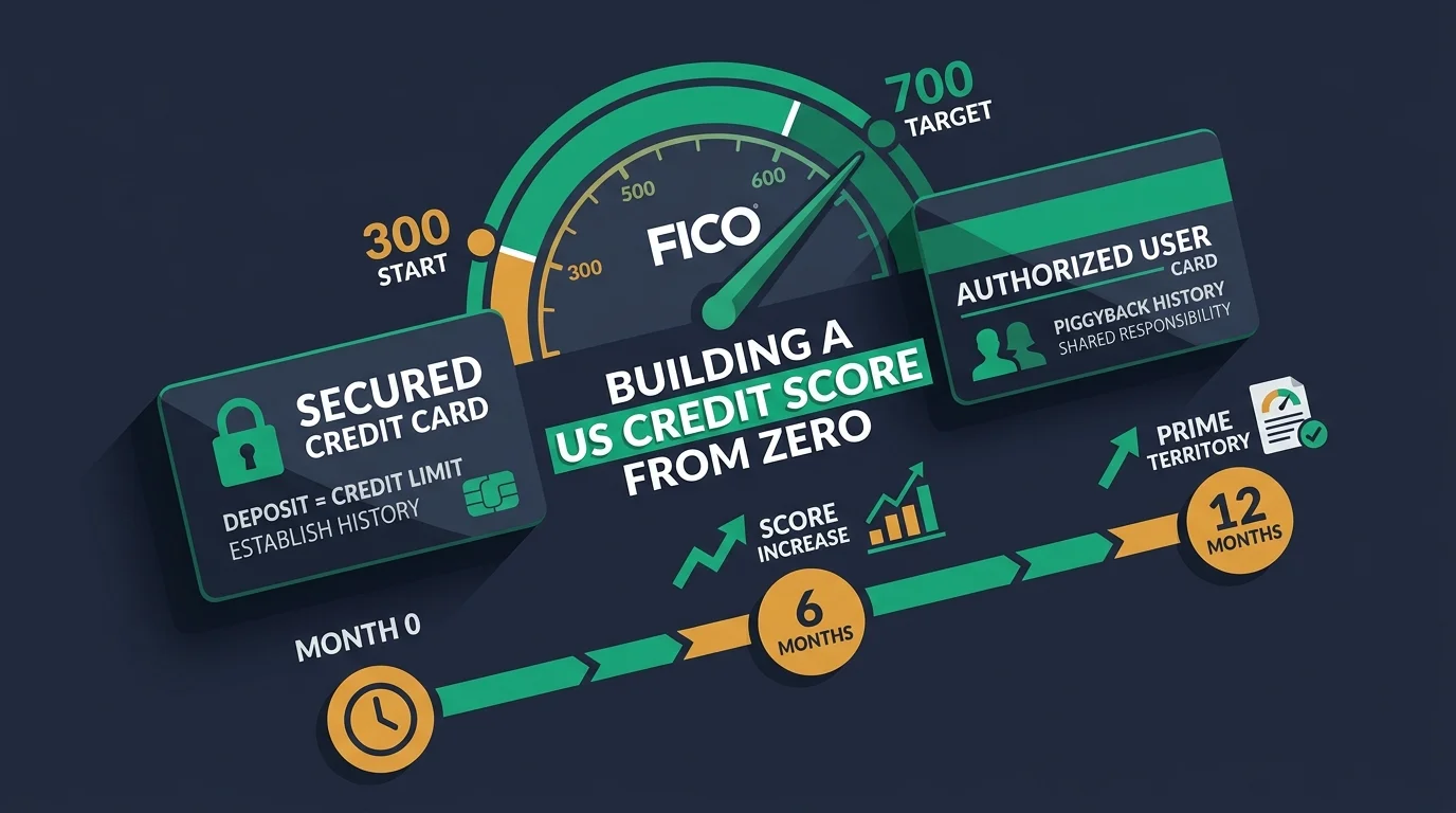 Building a US credit score over twelve months: secured card, a rising FICO curve, and a timeline