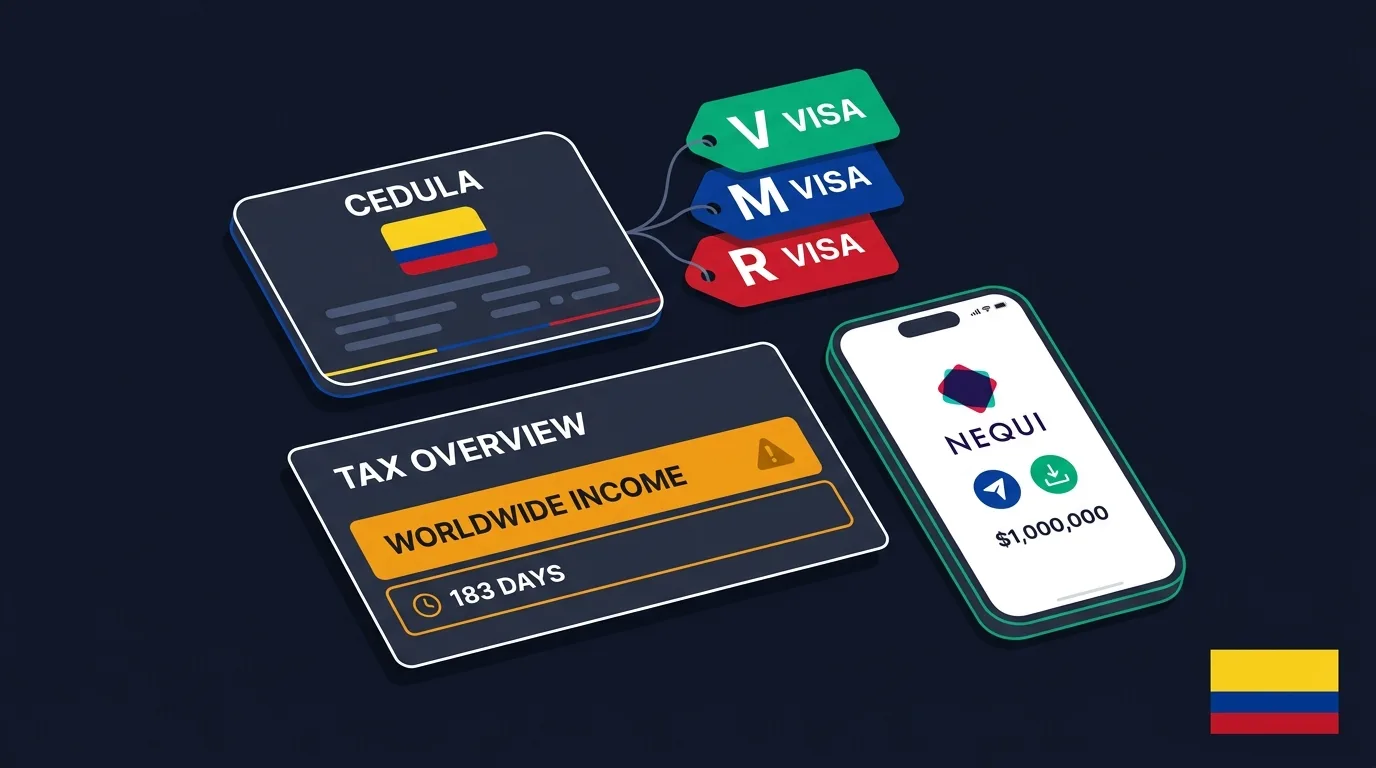Colombia residency: V/M/R visa tiers, the digital nomad visa, the 183-day worldwide-income tax, cédula and banking