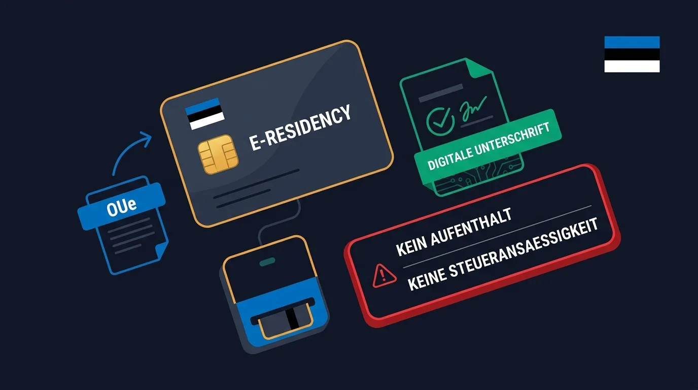 Estland e-Residency: digitaler Ausweis zur Firmenverwaltung, kein Aufenthalt und keine Steueransässigkeit, mit Verweis auf die OÜ