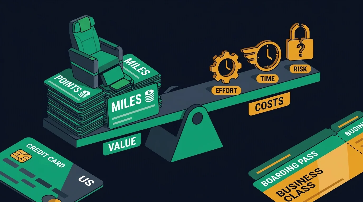 Travel hacking weighed up: points and a business-class flight on one side, effort and risk on the other