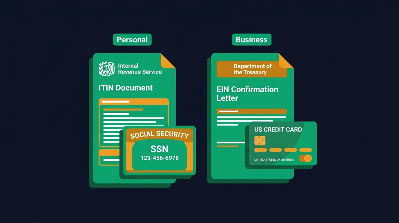 Three US tax numbers compared: SSN card, ITIN letter from the IRS, and EIN confirmation for the LLC