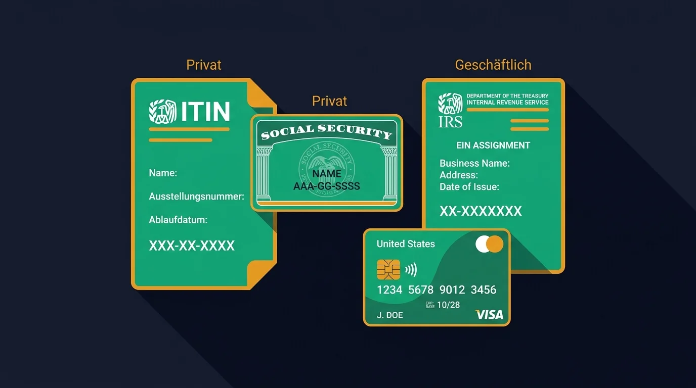 Drei US-Steuernummern im Vergleich: SSN-Karte, ITIN-Brief vom IRS und EIN-Bestätigung für die LLC