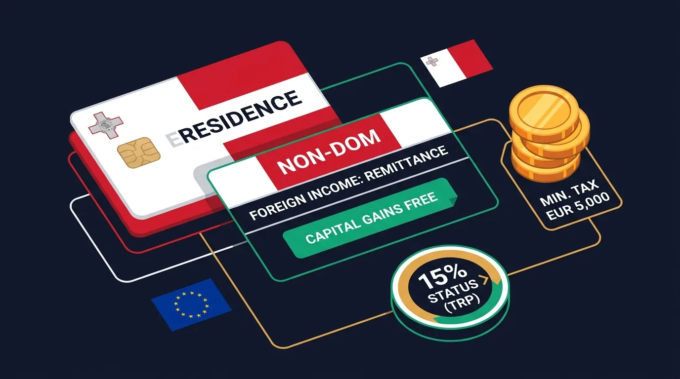 Malta residency: the non-dom remittance basis, EUR 5,000 minimum tax, the 15% TRP status, eResidence, and EU access