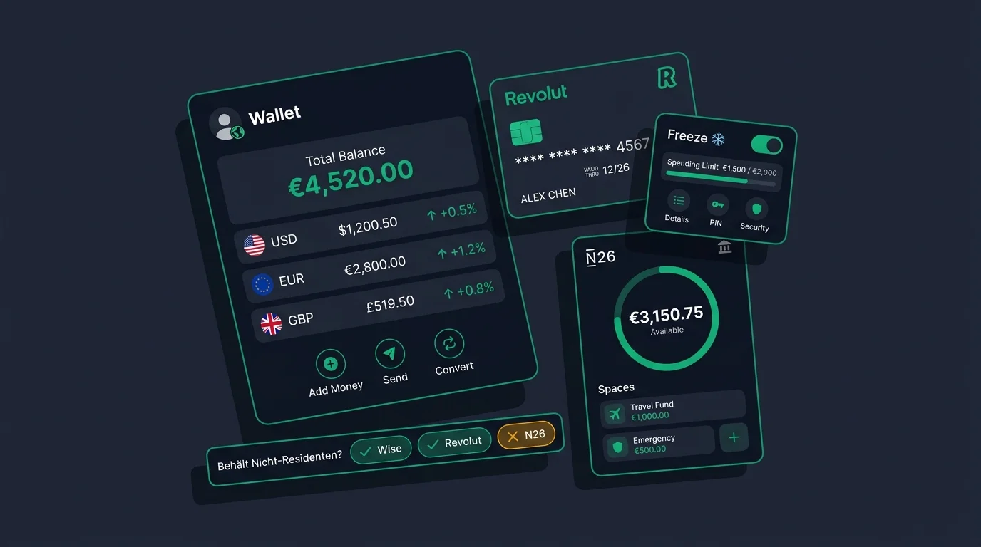 Multi-Currency-Konten für Nomaden: Wise, Revolut, N26 und bunq mit Mehrwährungs-Salden, Karten und der Frage, wer Nicht-Residenten behält