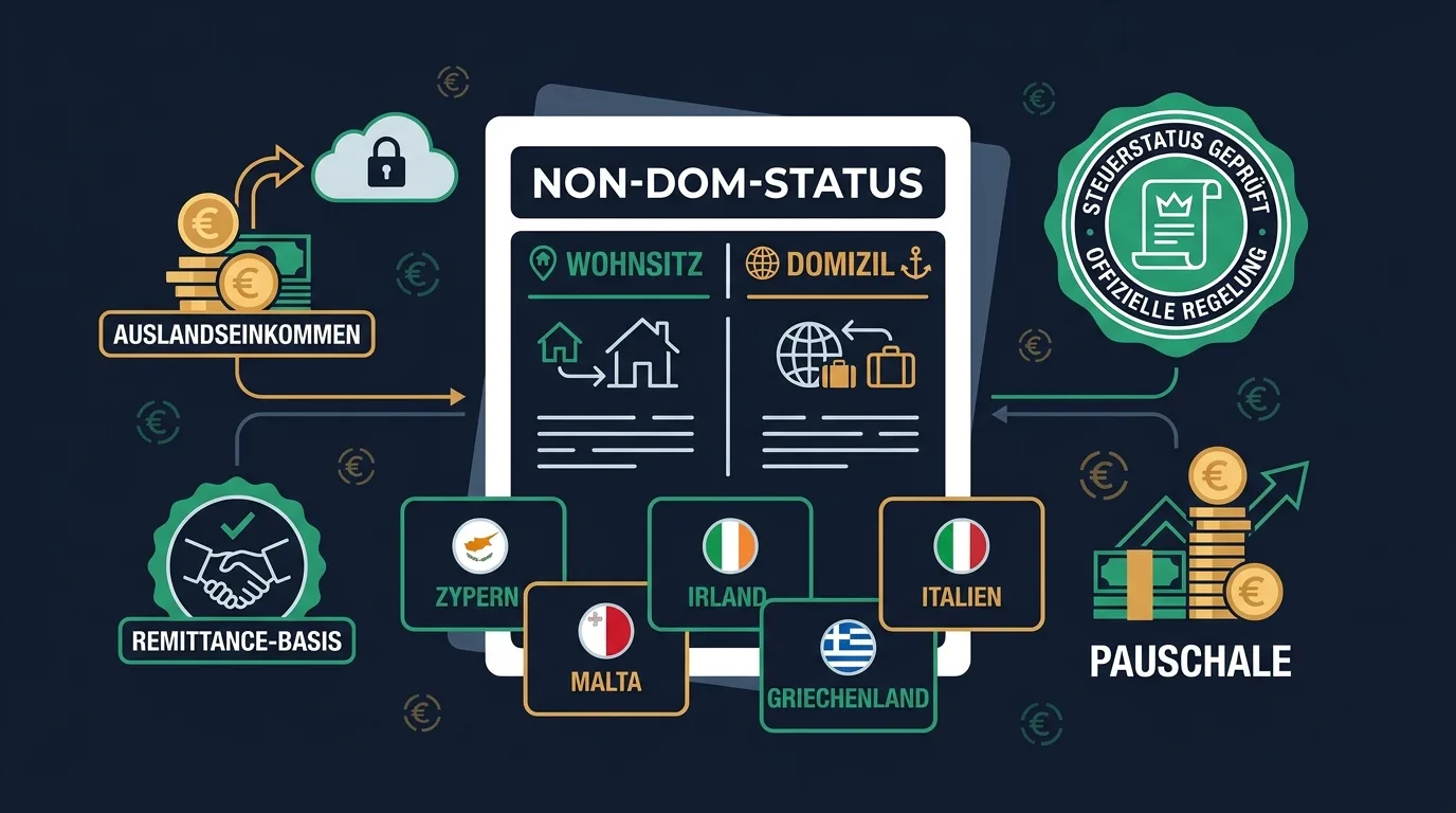 Bausteine des Non-Dom-Status: Wohnsitzland, ausländisches Einkommen, Remittance-Basis und Länderkarten von Zypern, Malta, Irland, Italien und Griechenland