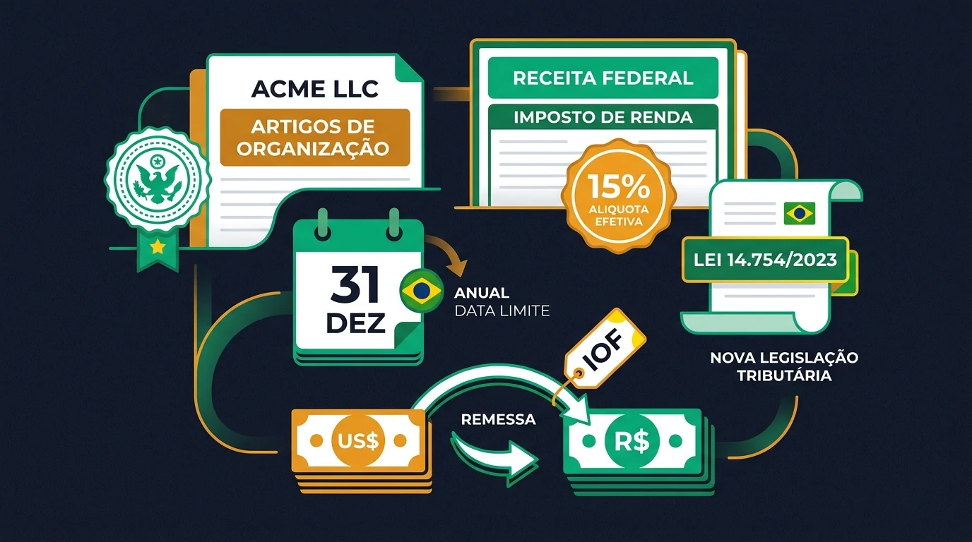 LLC e imposto no Brasil: renda mundial, Lei 14.754/2023, a alíquota de 15% da COSIT 56/2026, a data de 31 de dezembro e o IOF nas remessas