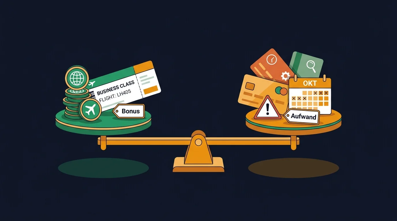 Travel Hacking abgewogen: Punkte und Business-Class-Flug auf der einen Seite, Aufwand und Risiken auf der anderen