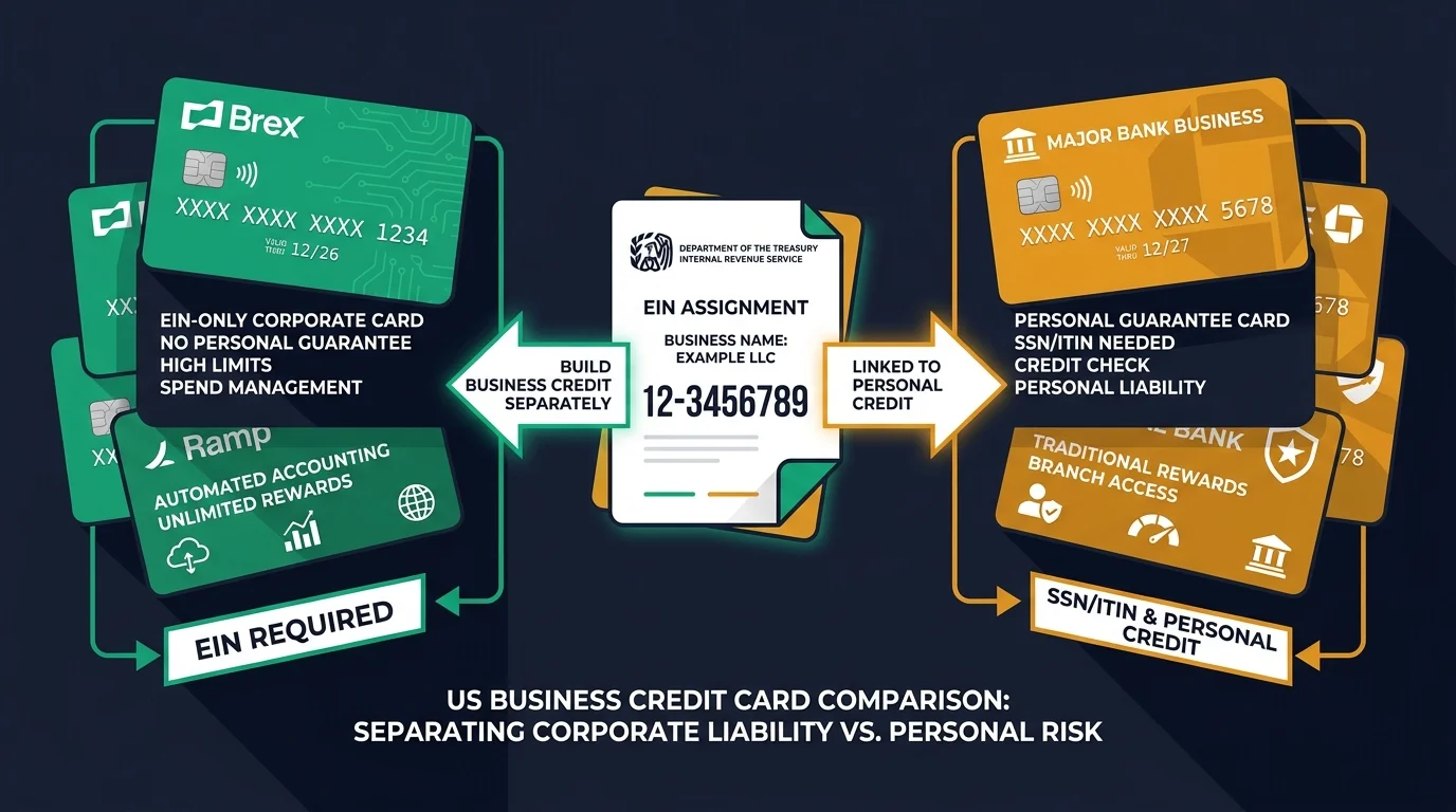 US business credit cards: an EIN-only company card with no guarantee versus a classic bank business card with personal liability