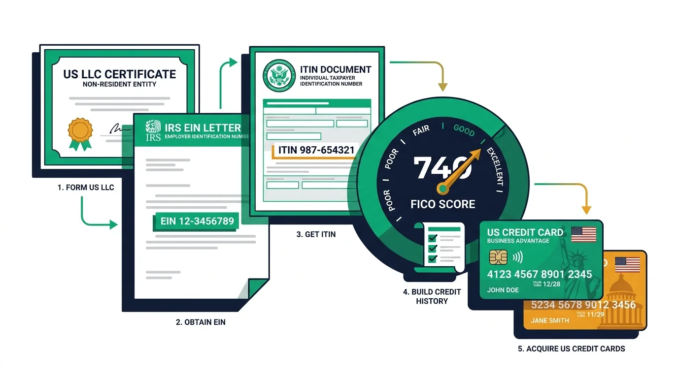 Building blocks of a US credit card as a non-resident: US LLC, EIN, ITIN document, FICO score, and credit cards