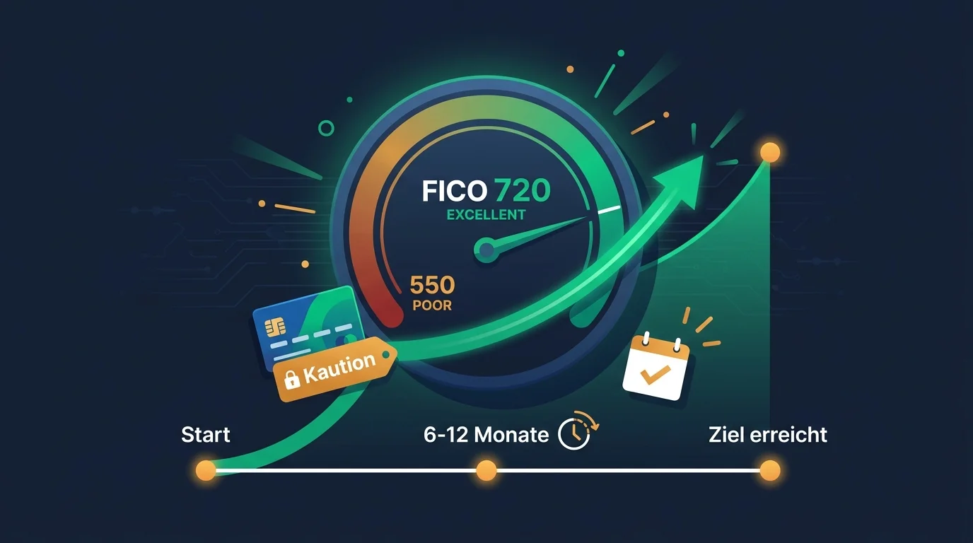 US-Credit-Score-Aufbau über zwölf Monate: Secured Card, steigende FICO-Kurve und Zeitachse