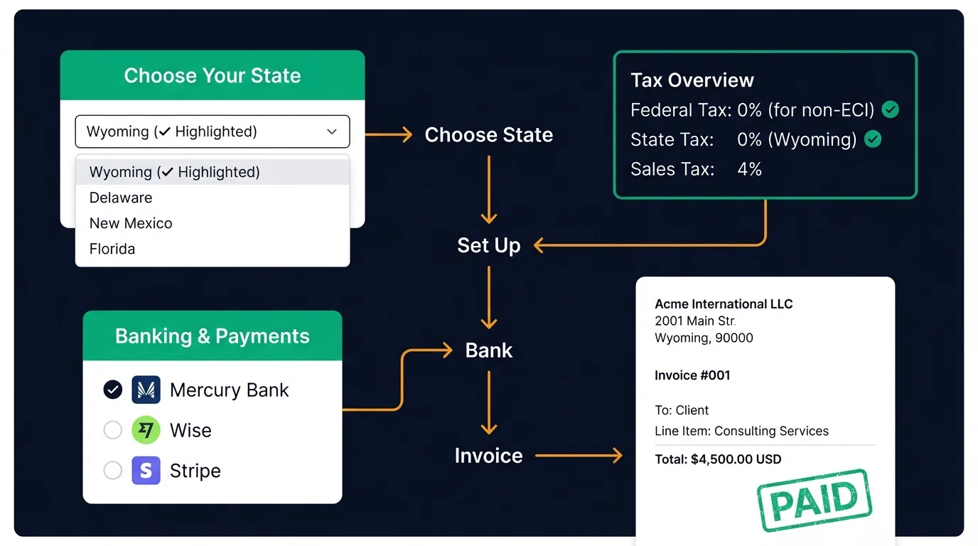 Complete overview of running a US LLC as a non-resident — state selection, taxes, banking, and invoicing