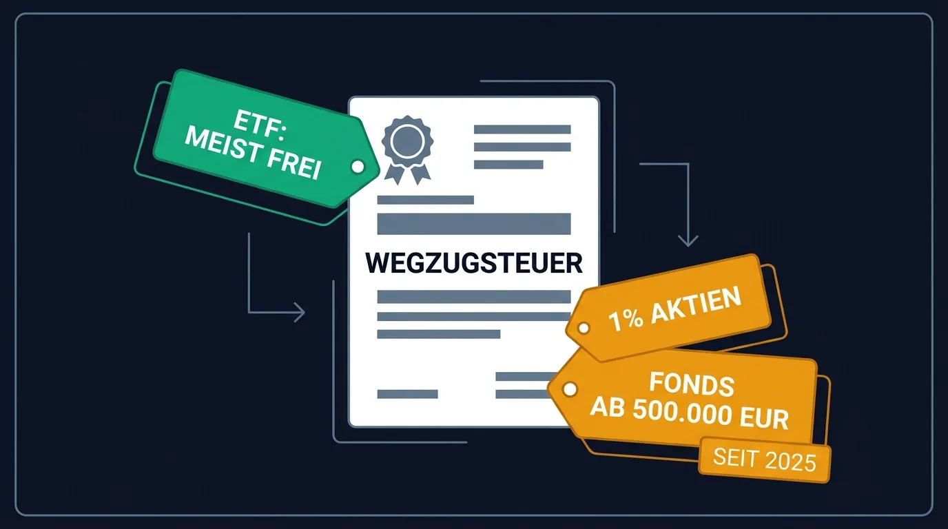 Wegzugsteuer auf ETFs und Aktien: die 1-Prozent-Schwelle bei Aktien und die neue 500.000-Euro-Schwelle für Fondsanteile seit 2025