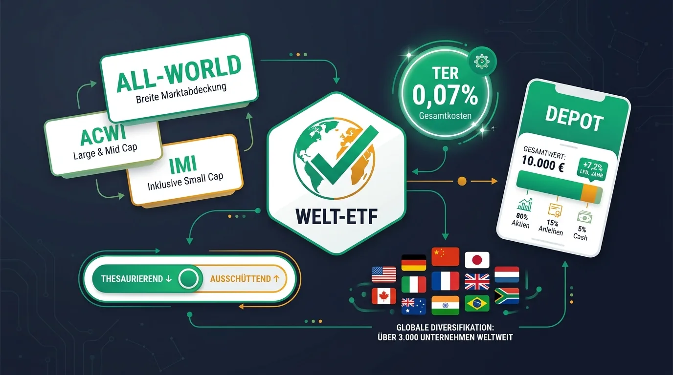 Welt-ETF Vergleich: Weltkarte mit breit gestreutem Index-Fonds, der Industrie- und Schwellenländer in einem einzigen Produkt abbildet