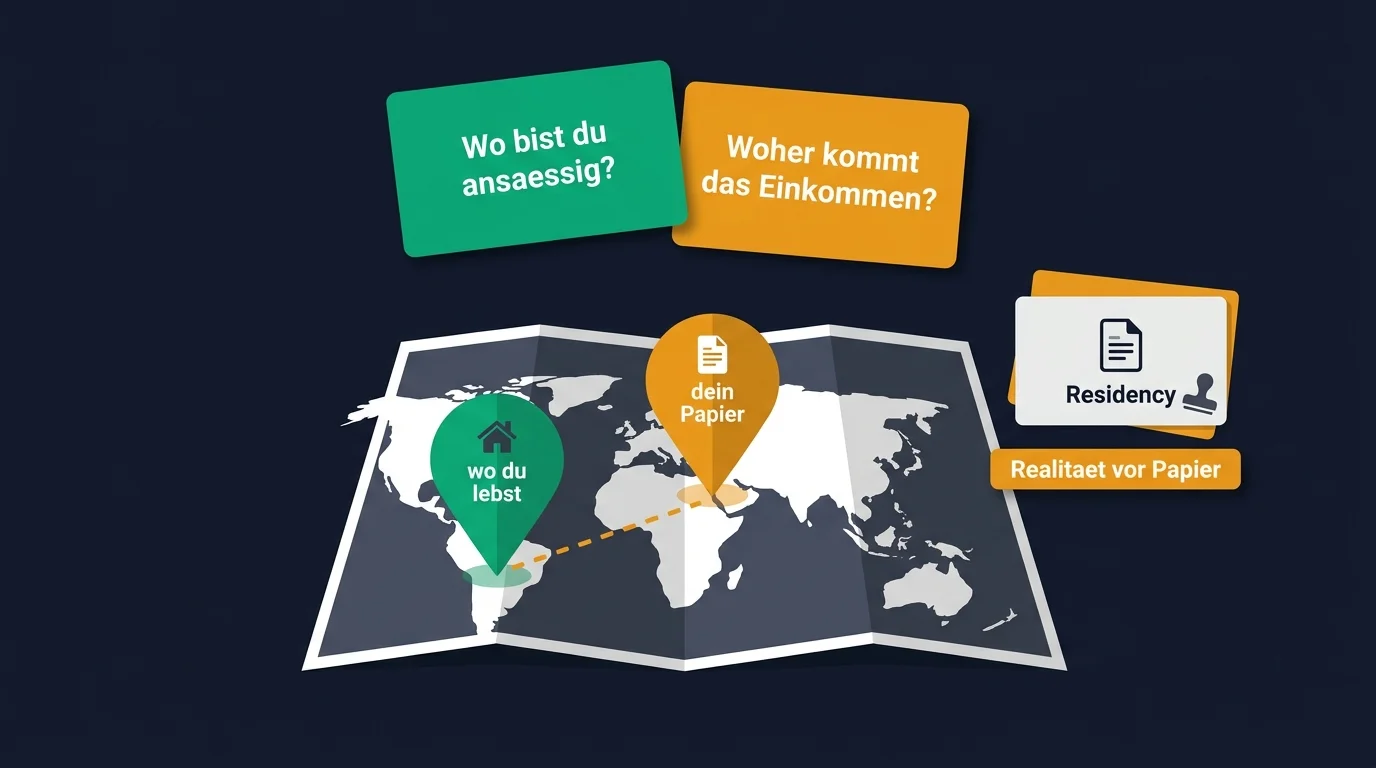 Wo werde ich besteuert: die zwei Fragen Ansässigkeit und Einkommensquelle, mit dem typischen Denkfehler zwischen Wohnsitzland und Aufenthaltsland