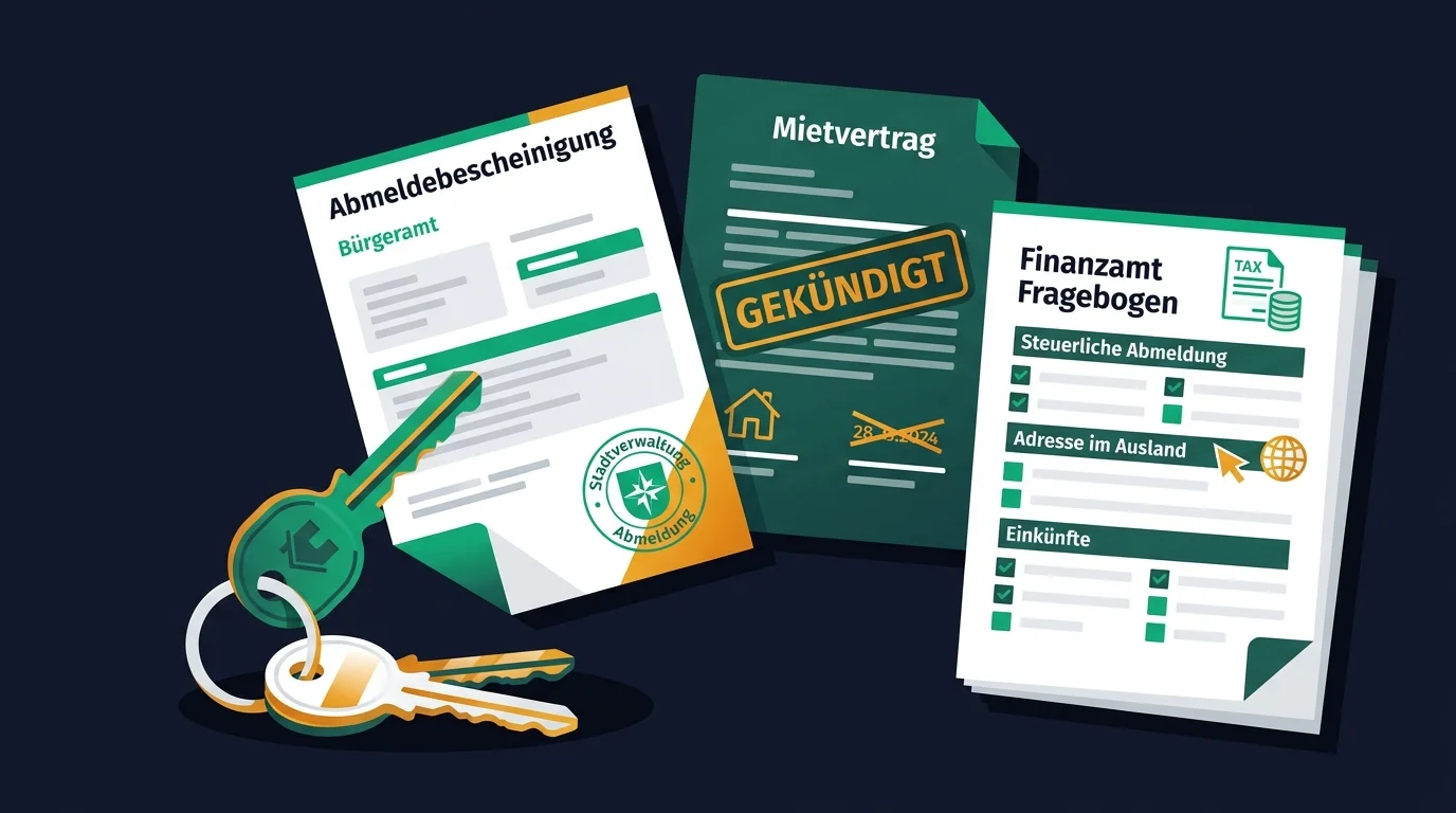 Wohnsitz abmelden: Abmeldebescheinigung vom Einwohnermeldeamt, gekündigter Mietvertrag und der Fragebogen des Finanzamts als die drei Schritte beim Wegzug