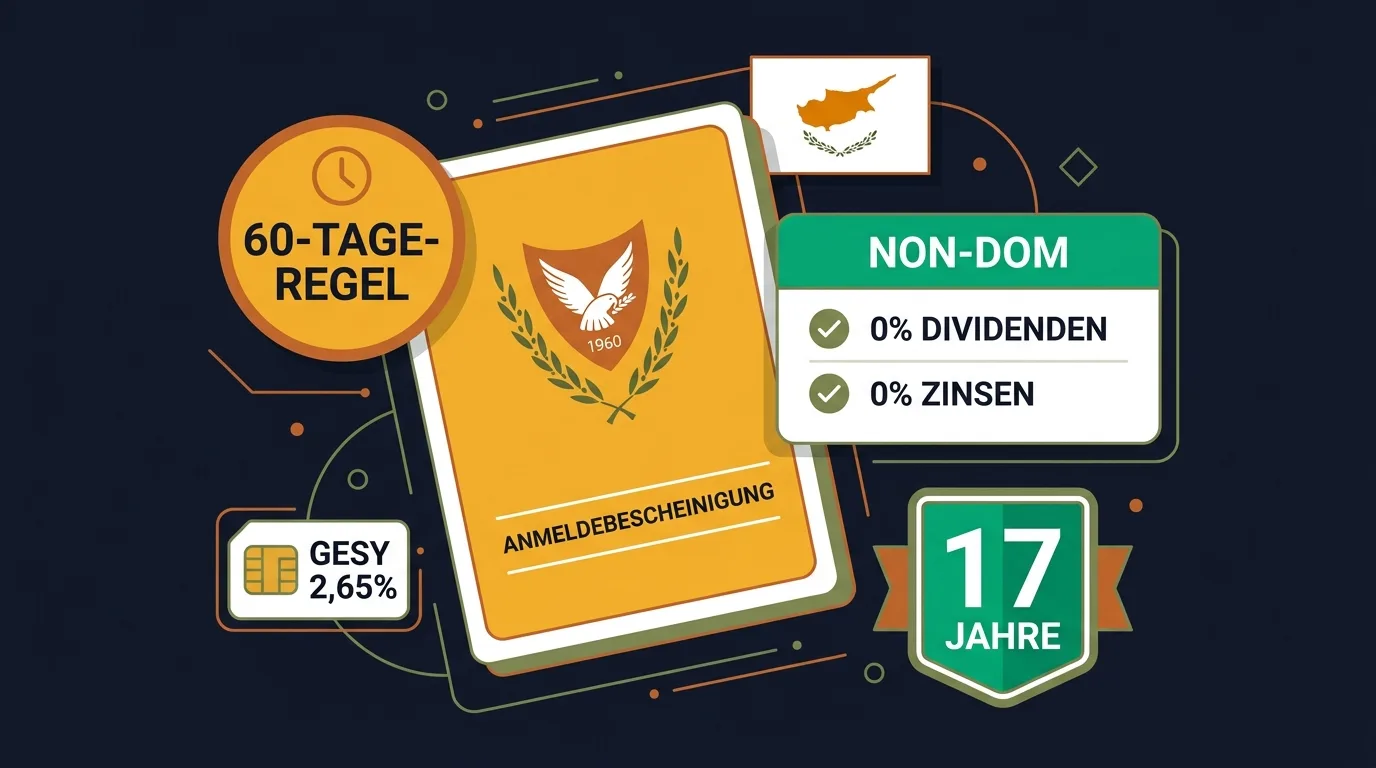 Bausteine des Zypern-Non-Dom-Status: EU-Anmeldebescheinigung, Steuerübersicht mit 0% auf Dividenden und Zinsen, 60-Tage-Regel, GESY-Beitrag und 17-Jahre-Dauer